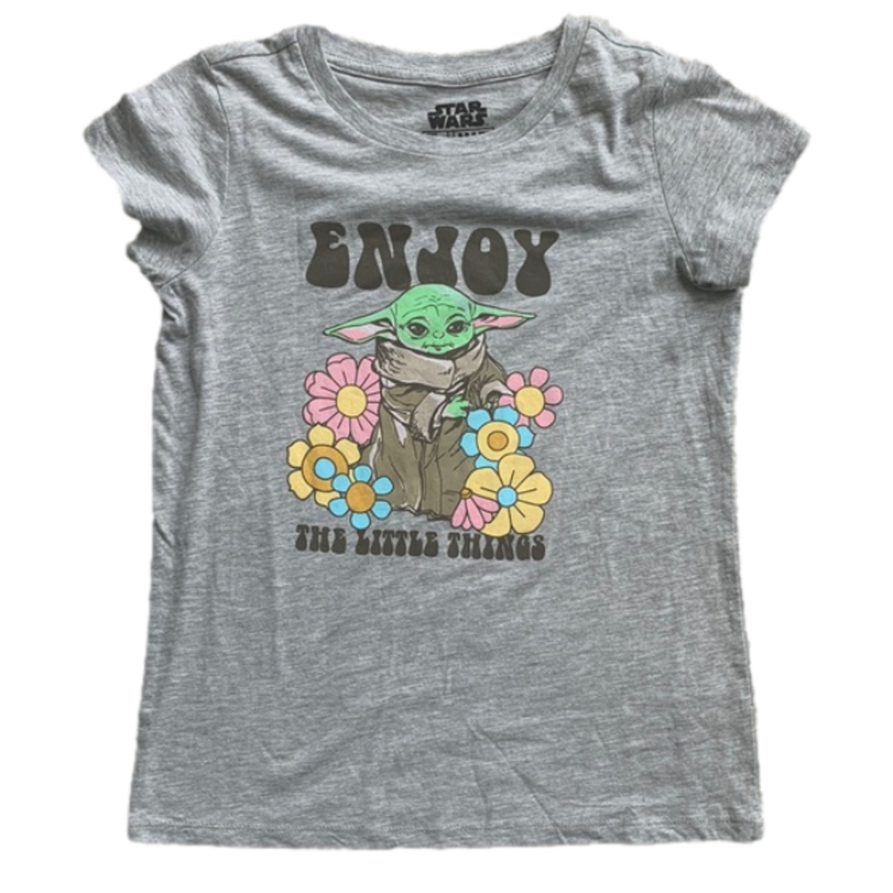 NWT New Star Wars Yoda Groovy Flower Graphic Gray Tee Girls XL 14-16